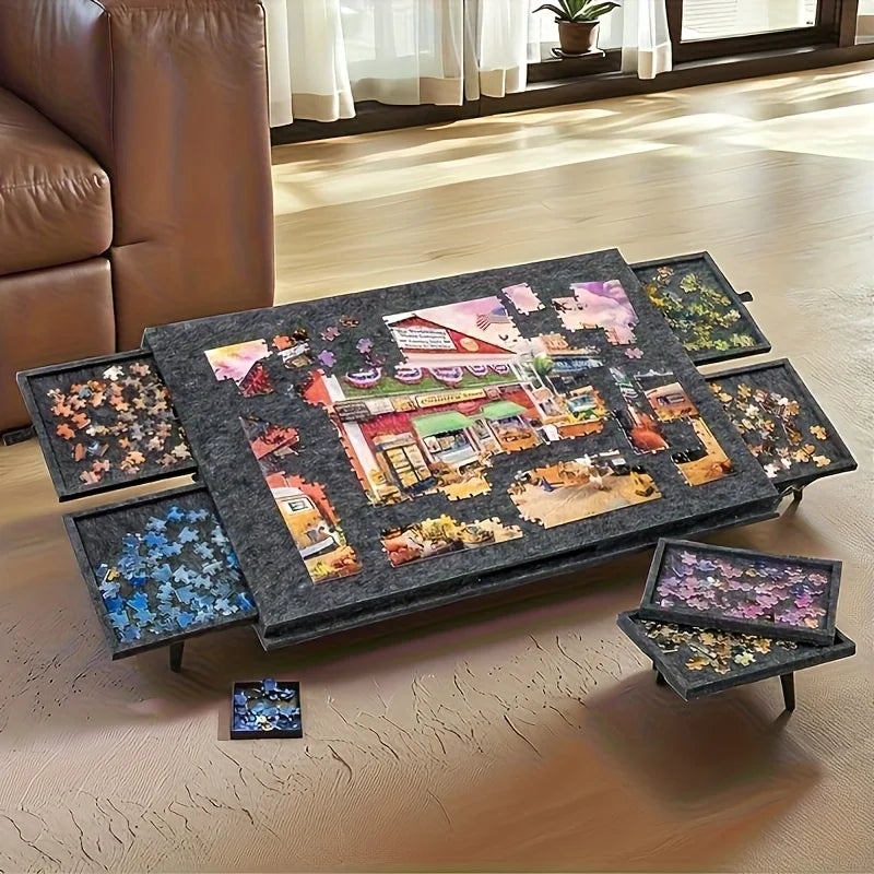 6-in-1 Portable Puzzle Table – 1500 Piece Felt Board with Stand, Lid & 6 Sorting Drawers
