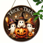 Halloween Round Wooden Signage — Ghost, Pumpkin & Witch Hat Decor