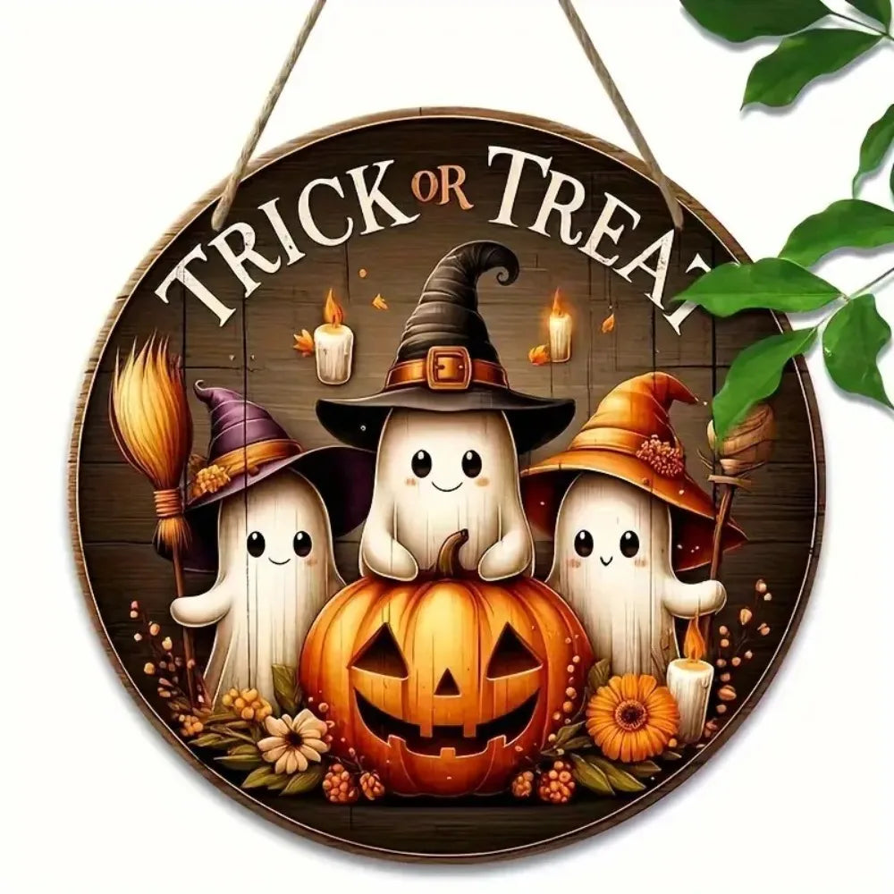 Halloween Round Wooden Signage — Ghost, Pumpkin & Witch Hat Decor