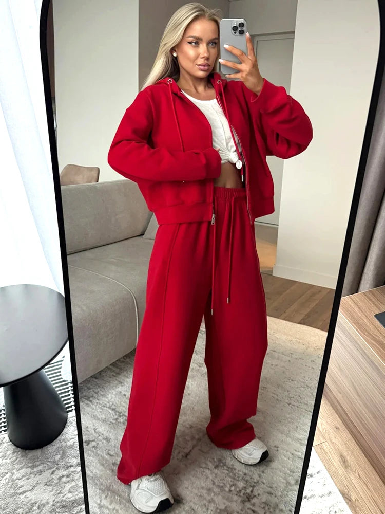 Women's Hooded Zip Tracksuit – Cotton 2-Piece Set with Wide-Leg Pants