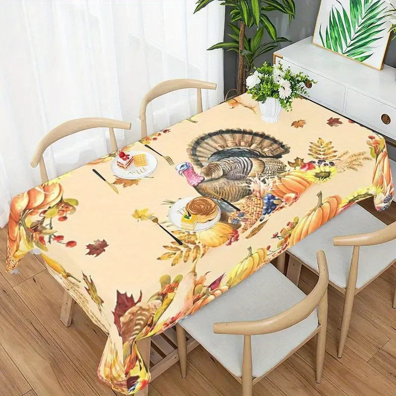 Thanksgiving Turkey & Pumpkin Tablecloth – Fall Harvest Dining Table Cover