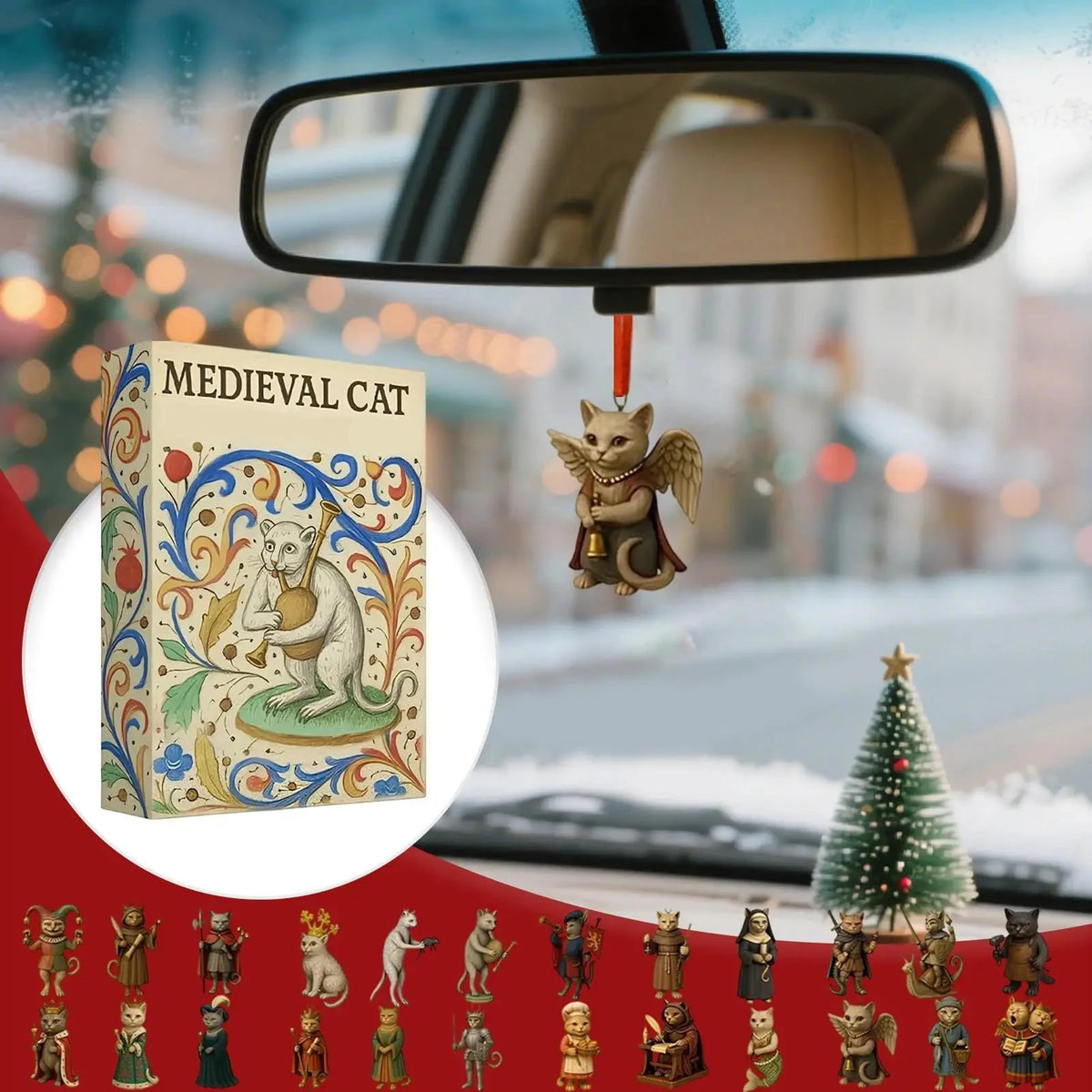 Medieval Cat Christmas Advent Calendar – 24-Day Countdown Ornament Set with Flat Acrylic Cat Characters