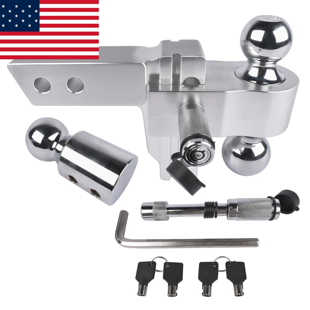 2" Receiver 4" Drop/Rise Adjustable Tri-Ball Trailer Hitch – 12,500 LBS, Aluminum with Stainless Locks