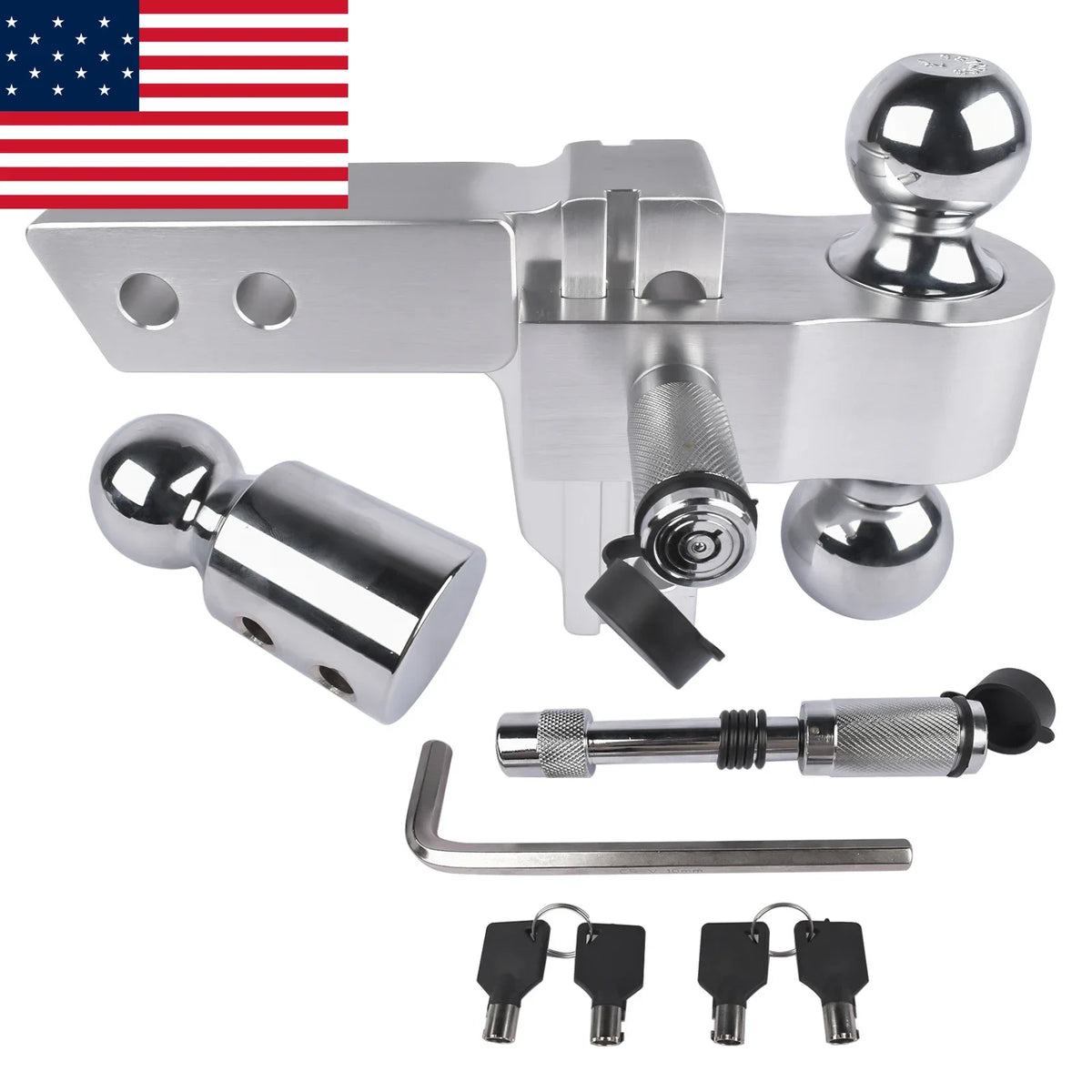 2" Receiver 4" Drop/Rise Adjustable Tri-Ball Trailer Hitch – 12,500 LBS, Aluminum with Stainless Locks