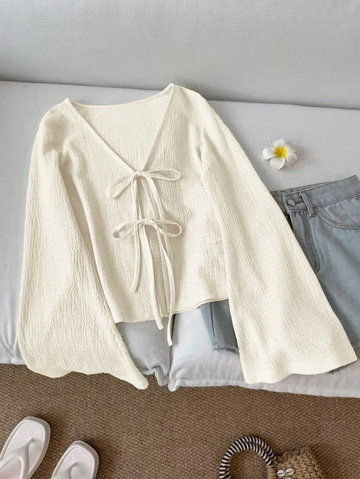 Women's Tie-Front Flare Sleeve Blouse – V-Neck Knit Cottagecore Top