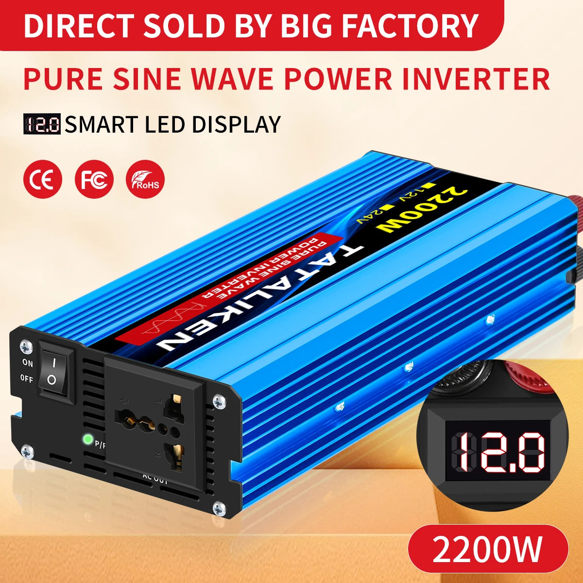 Pure Sine Wave Power Inverter – DC 12V/24V to AC 220V, 1000W–6000W
