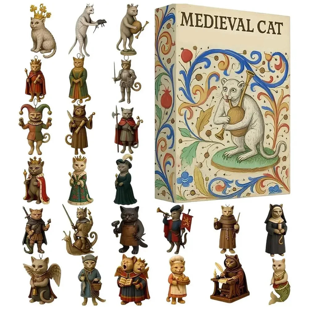 Medieval Cat Christmas Advent Calendar – 24-Day Countdown Ornament Set with Flat Acrylic Cat Characters