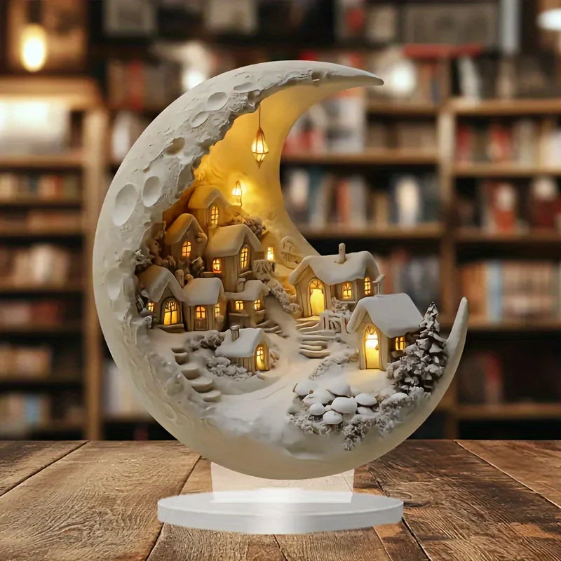 Crescent Moon Christmas Village Sculpture – Glowing Holiday Desktop Decor