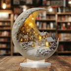 Crescent Moon Christmas Village Sculpture – Glowing Holiday Desktop Decor