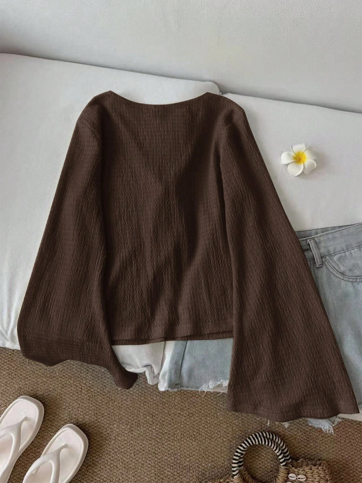 Women's Tie-Front Flare Sleeve Blouse – V-Neck Knit Cottagecore Top