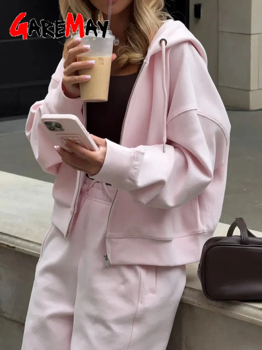 Women's Hooded Zip Tracksuit – Cotton 2-Piece Set with Wide-Leg Pants