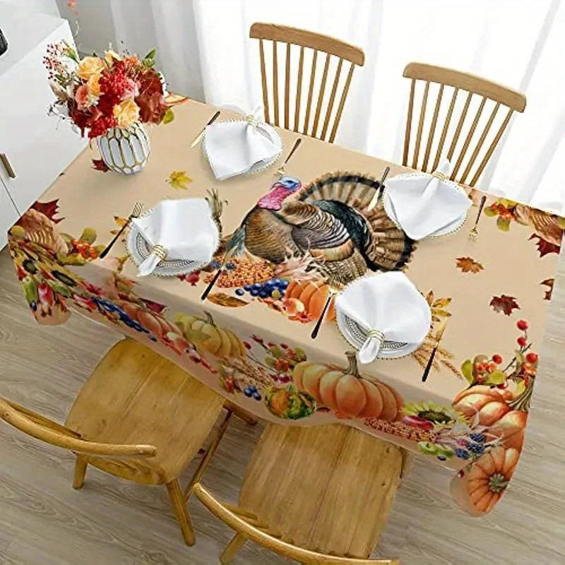 Thanksgiving Turkey & Pumpkin Tablecloth – Fall Harvest Dining Table Cover