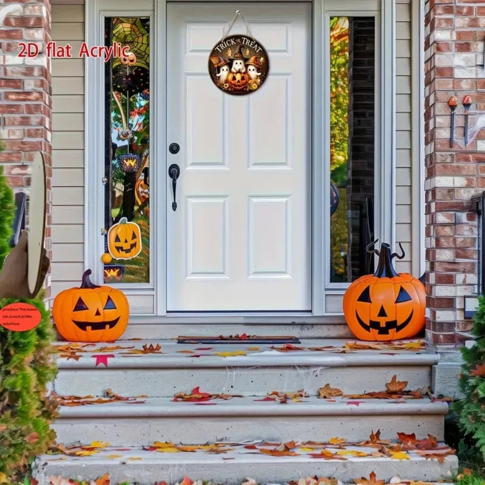 Halloween Round Wooden Signage — Ghost, Pumpkin & Witch Hat Decor