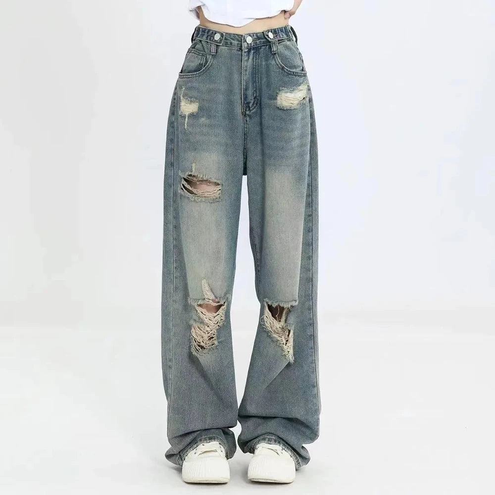American Retro High-Waist Wide-Leg Hole-Punched Jeans for Women
