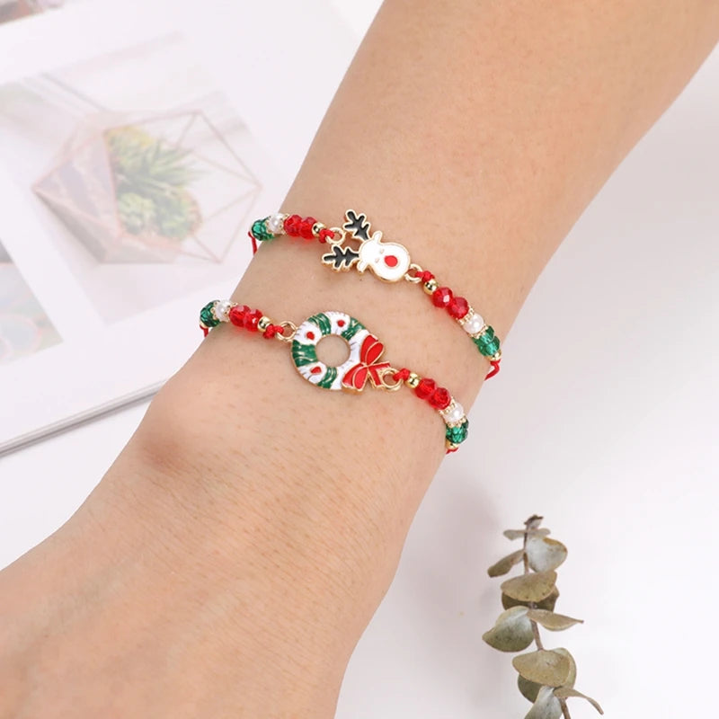 Christmas Beaded Bracelet Set – Santa, Elk & Bell Charm Bracelets for Women & Girls