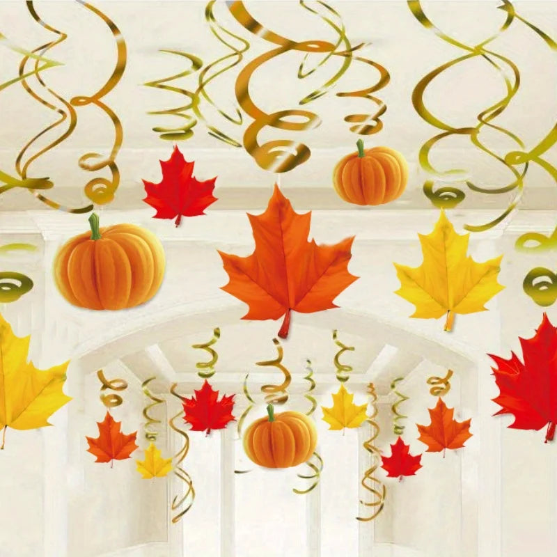22-Piece Fall Ceiling Swirl Decorations – Pumpkin & Maple Leaf Hanging Décor