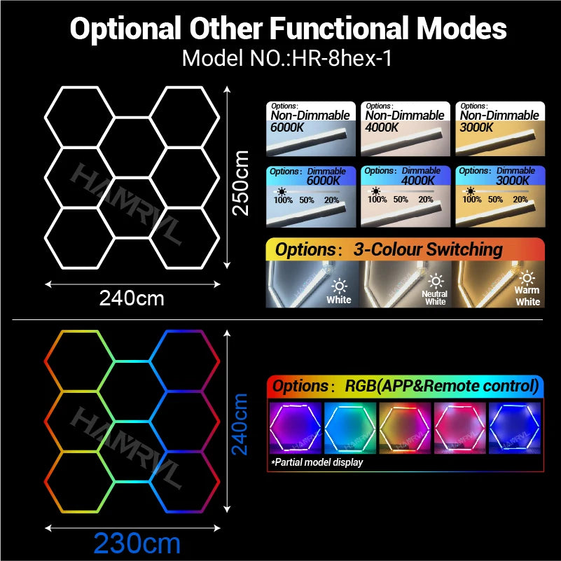 Dimmable Hexagon LED Ceiling Lights – RGB & Multi-Color, Garage/Gym/Gaming
