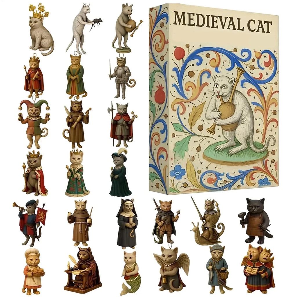 Medieval Cat Christmas Advent Calendar – 24-Day Countdown Ornament Set with Flat Acrylic Cat Characters