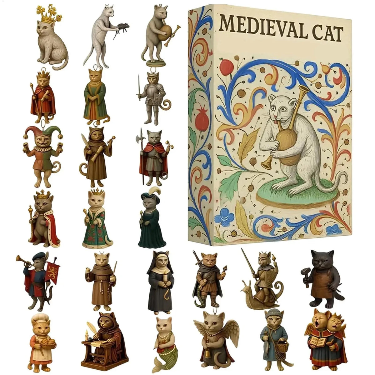 Medieval Cat Christmas Advent Calendar – 24-Day Countdown Ornament Set with Flat Acrylic Cat Characters