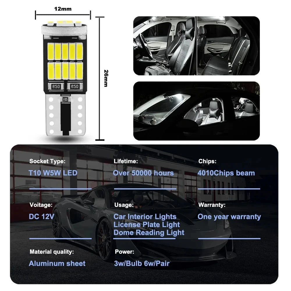 T10 W5W CANBUS LED Bulbs – 6000K White Interior & License Plate Lights (10-Pack)