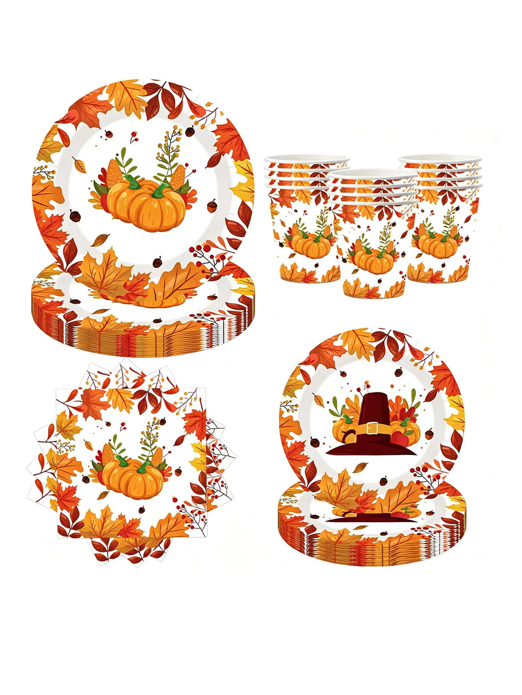 Autumn Maple Leaf & Pumpkin Thanksgiving Paper Tableware – Plates, Cups & Napkins