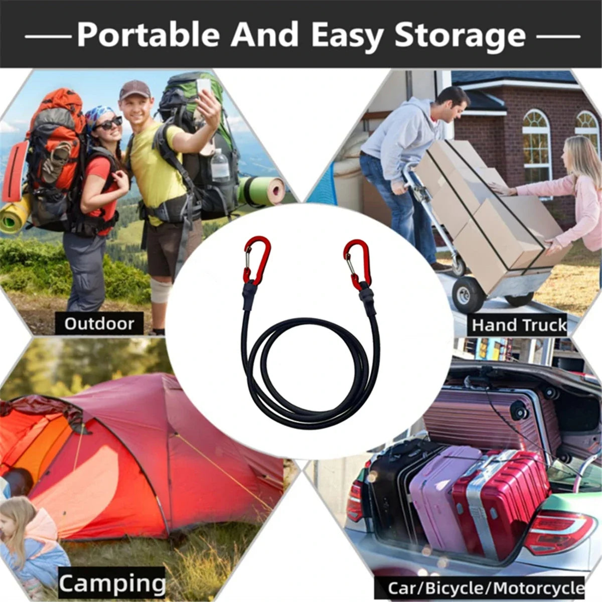 Heavy Duty Bungee Cord with Carabiner Hooks – Elastic Tie-Down Strap for Camping, Cycling & Kayak