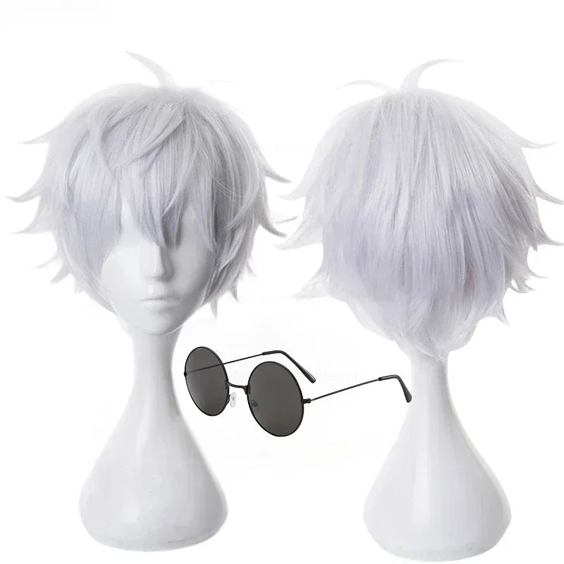 Gojo Satoru Cosplay Wig — Jujutsu Kaisen Short White Heat-Resistant Synthetic Hair + Optional Glasses