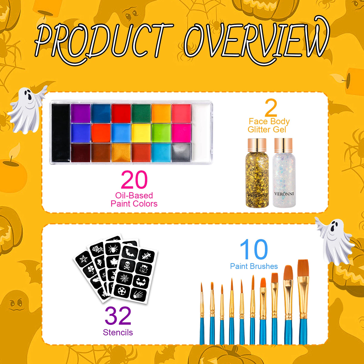 VERONNI 20-Color Face & Body Paint Palette — SFX Oil Makeup Kit with Brushes