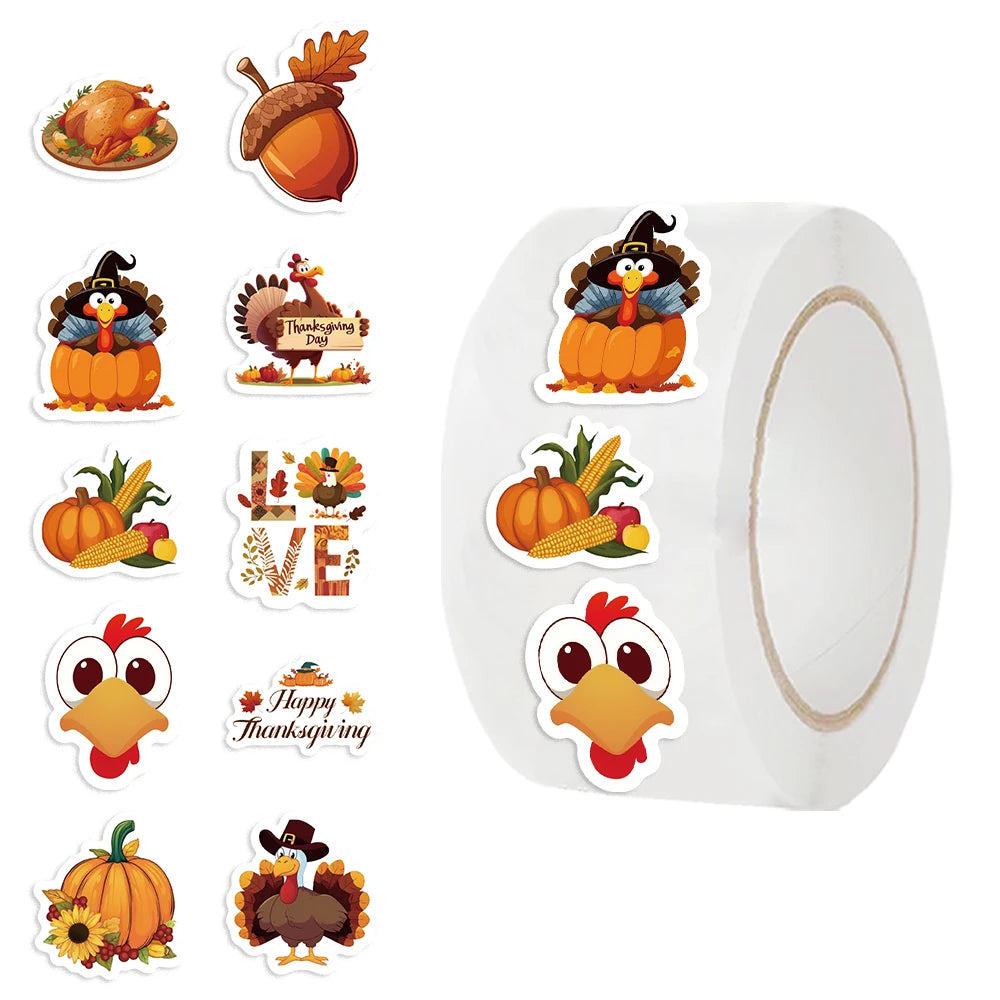 500-Piece Thanksgiving Sticker Roll – Turkey, Pumpkin & Fall Harvest