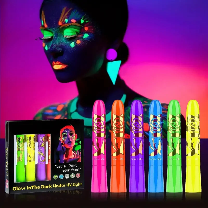 VERONNI UV Neon Glow Face Paint Crayon Sticks — Blacklight Body Paint for Halloween, Mardi Gras & Parties