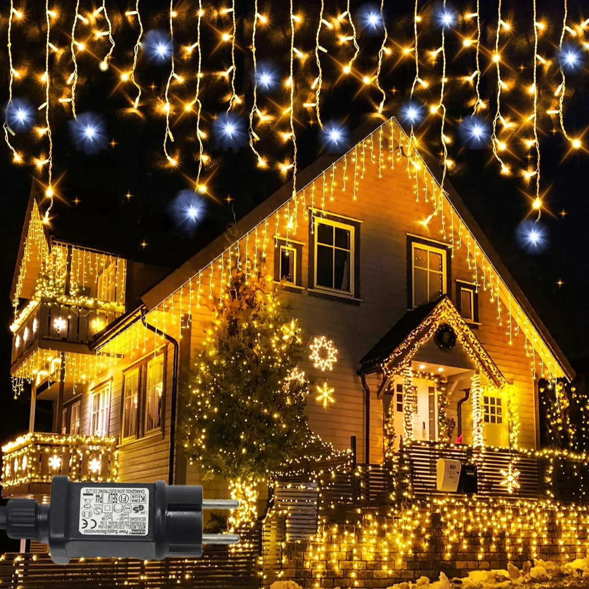 LED Icicle Curtain Lights – Warm White + Cool White Twinkling Outdoor Christmas Festoon Lights