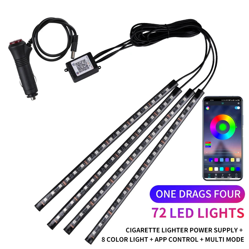 RGB Car Interior Ambient Foot Strip Lights – App & Remote Control LED Kit