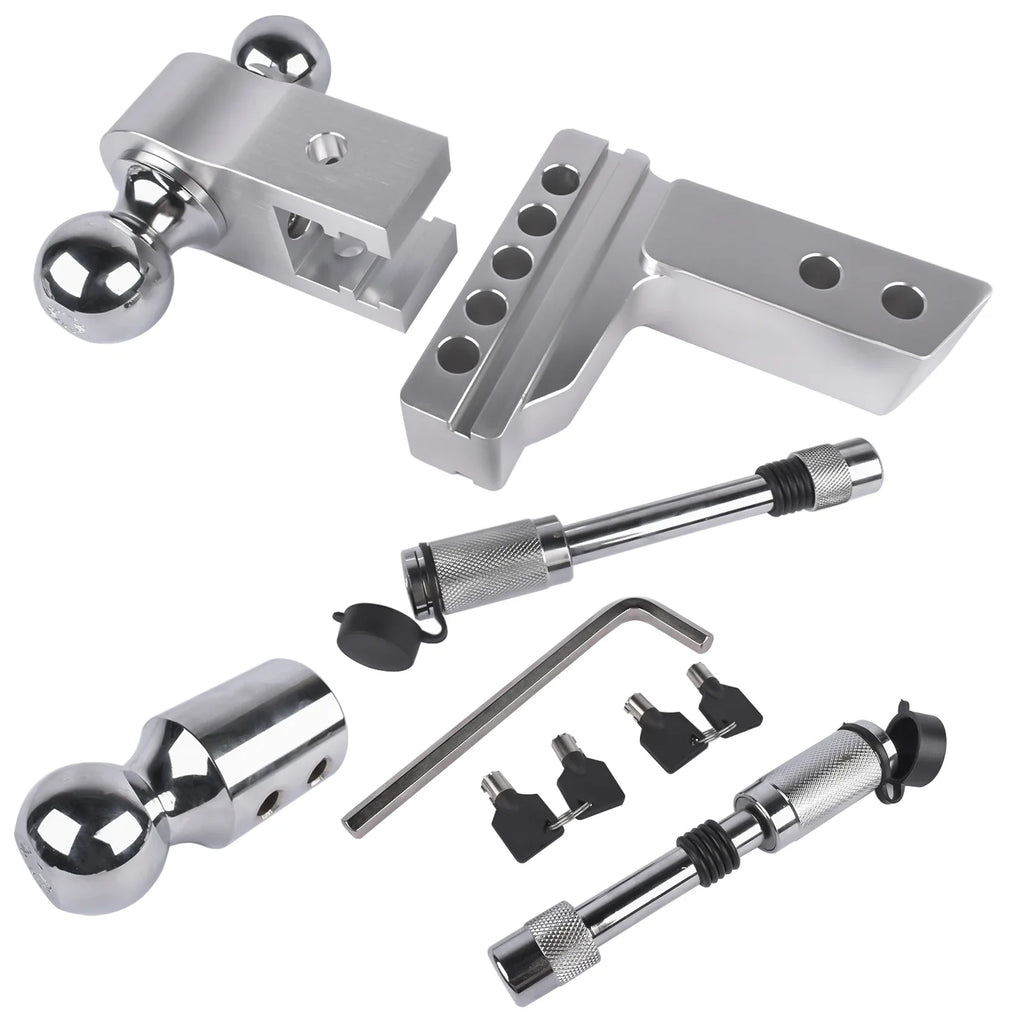 2" Receiver 4" Drop/Rise Adjustable Tri-Ball Trailer Hitch – 12,500 LBS, Aluminum with Stainless Locks