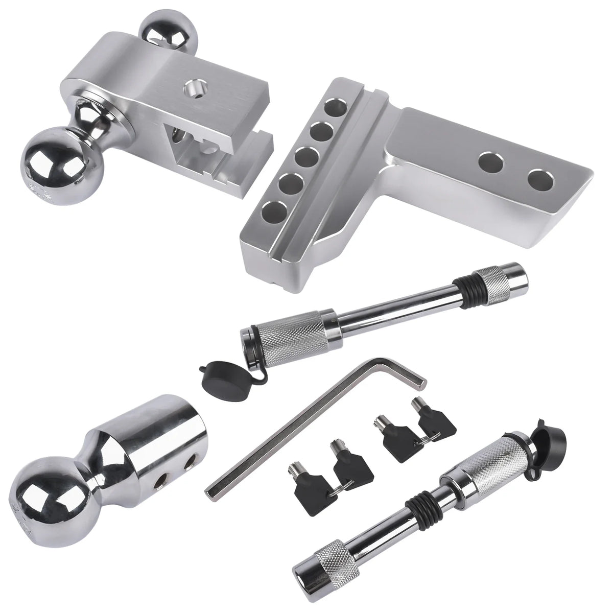 2" Receiver 4" Drop/Rise Adjustable Tri-Ball Trailer Hitch – 12,500 LBS, Aluminum with Stainless Locks