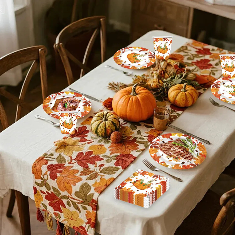 Autumn Maple Leaf & Pumpkin Thanksgiving Paper Tableware – Plates, Cups & Napkins