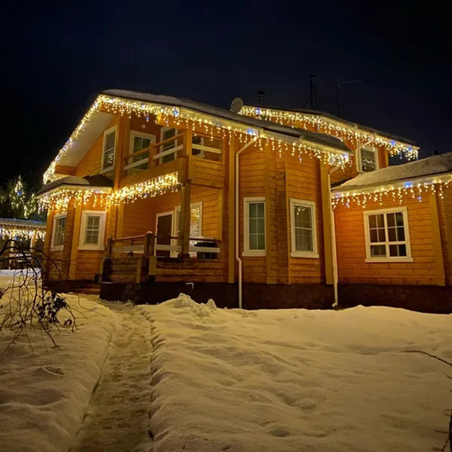 LED Icicle Curtain Lights – Warm White + Cool White Twinkling Outdoor Christmas Festoon Lights