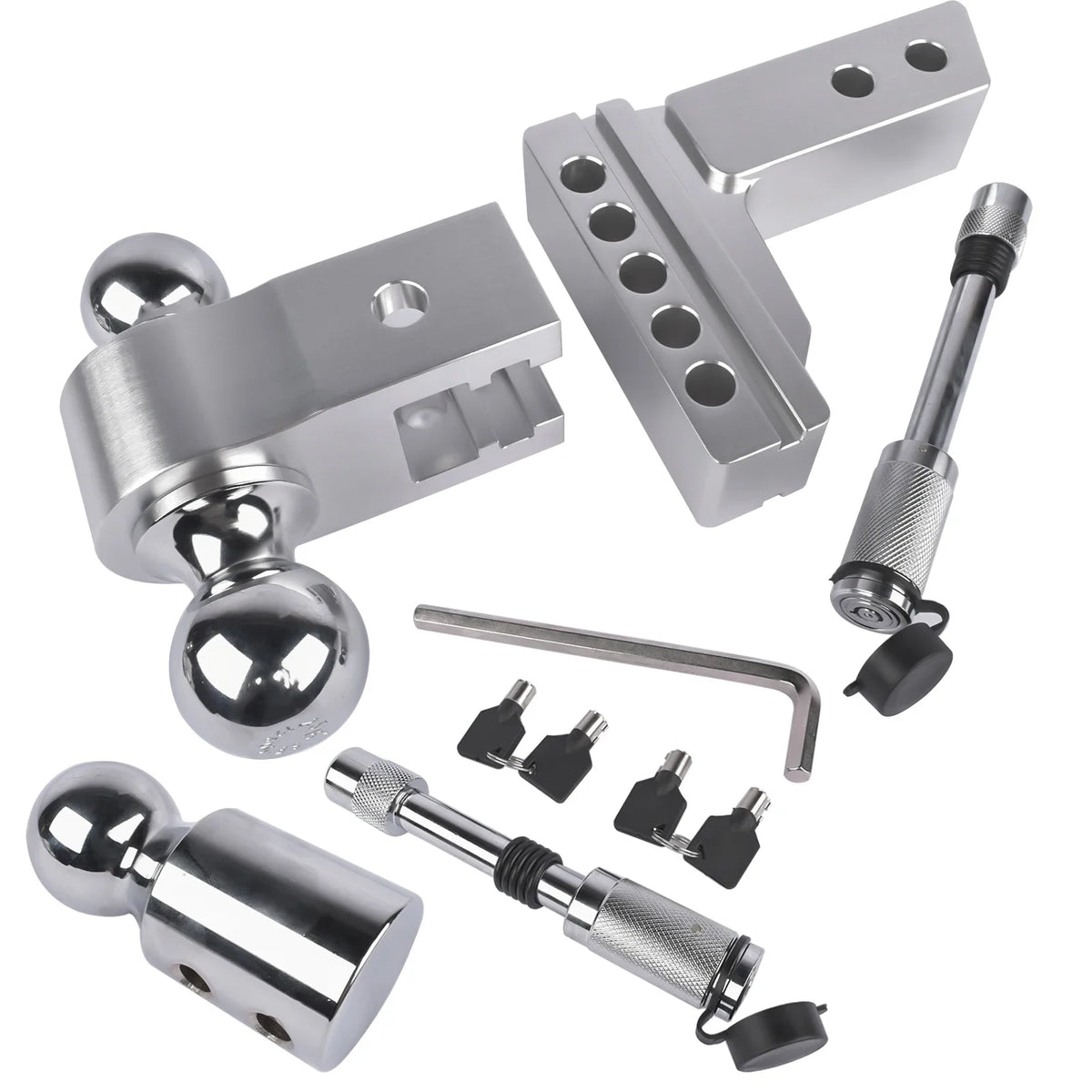 2" Receiver 4" Drop/Rise Adjustable Tri-Ball Trailer Hitch – 12,500 LBS, Aluminum with Stainless Locks