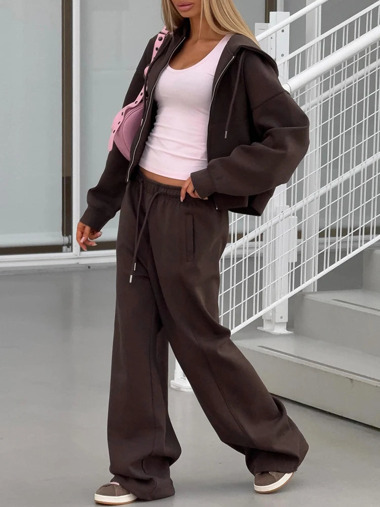 Women's Hooded Zip Tracksuit – Cotton 2-Piece Set with Wide-Leg Pants