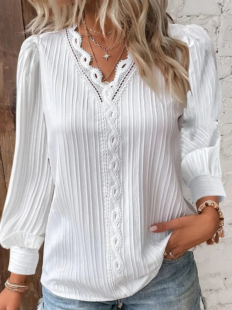 Women's Hollow Lace Patchwork Blouse – Elegant V-Neck Long Sleeve Top