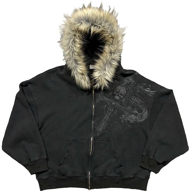 Women's Y2K Graphic Hoodie – Harajuku Faux Fur Collar Pullover in Black & Gray