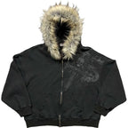 Women's Y2K Graphic Hoodie – Harajuku Faux Fur Collar Pullover in Black & Gray