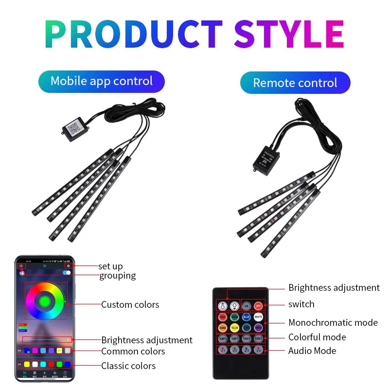 RGB Car Interior Ambient Foot Strip Lights – App & Remote Control LED Kit
