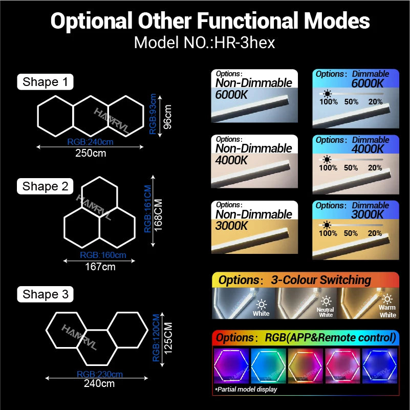 Dimmable Hexagon LED Ceiling Lights – RGB & Multi-Color, Garage/Gym/Gaming