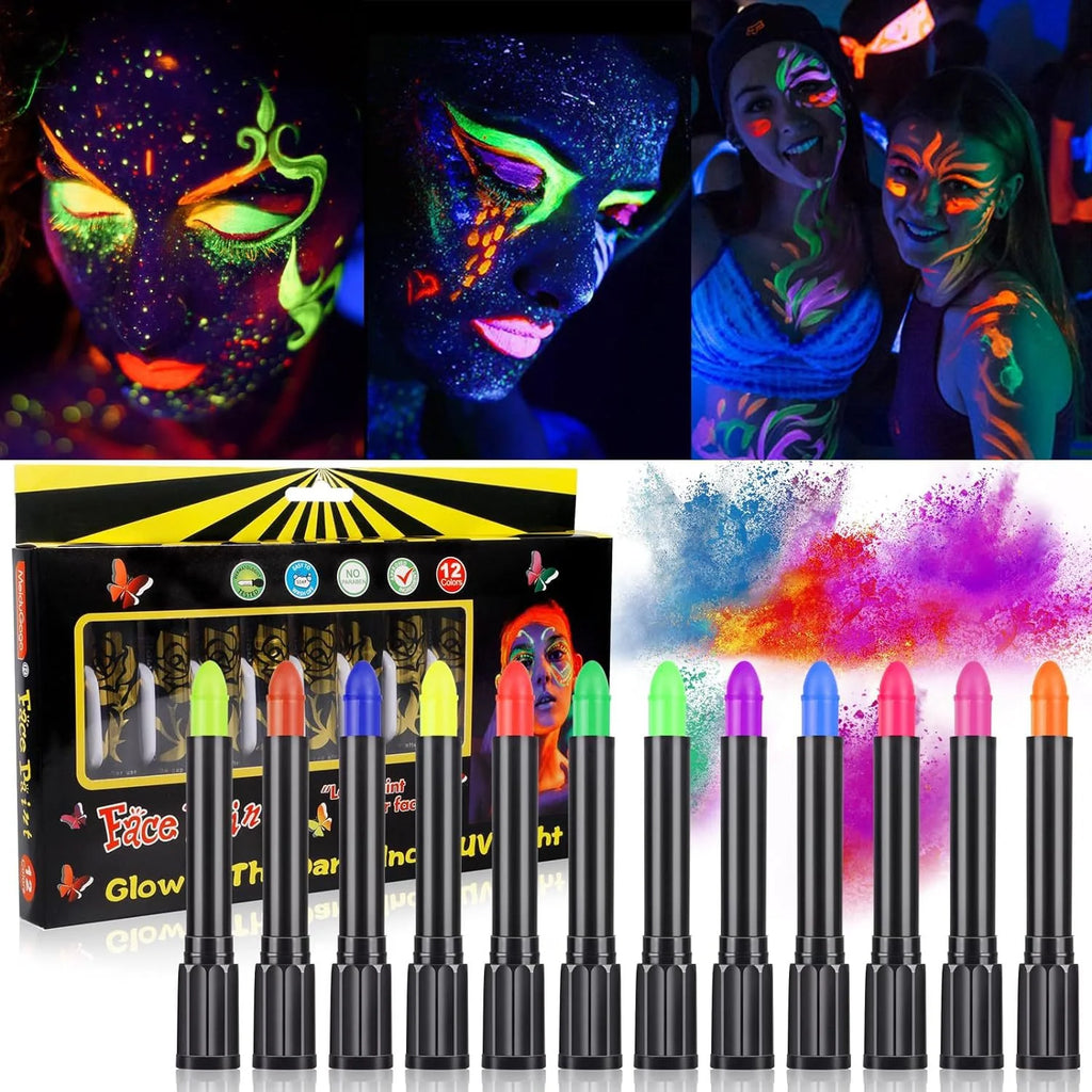 VERONNI UV Neon Glow Face Paint Crayon Sticks — Blacklight Body Paint for Halloween, Mardi Gras & Parties
