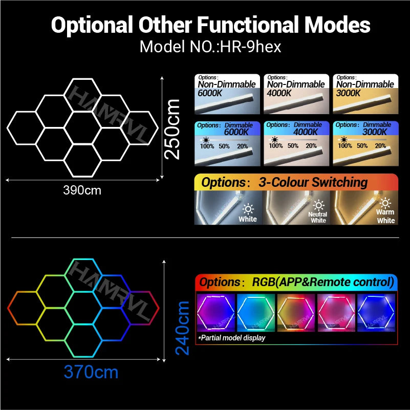 Dimmable Hexagon LED Ceiling Lights – RGB & Multi-Color, Garage/Gym/Gaming