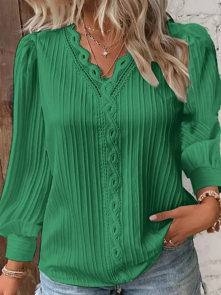 Women's Hollow Lace Patchwork Blouse – Elegant V-Neck Long Sleeve Top