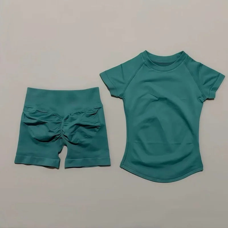 Histello 2-Piece Seamless Yoga Set – Short Sleeve & Shorts