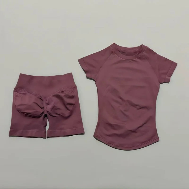 Histello 2-Piece Seamless Yoga Set – Short Sleeve & Shorts