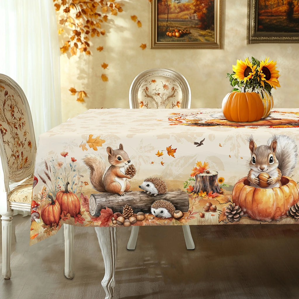 Autumn Harvest Farmhouse Tablecloth – Squirrel & Pumpkin Print