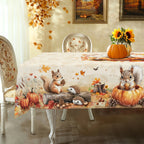 Autumn Harvest Farmhouse Tablecloth – Squirrel & Pumpkin Print